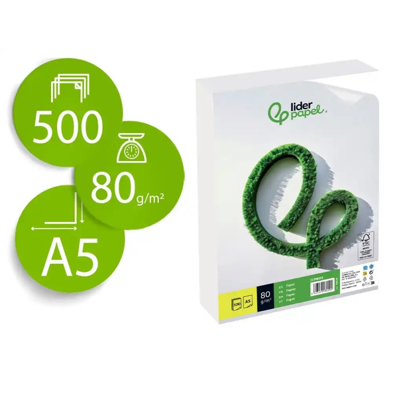 Papel liderpapel a5 80g/m2 liso paquete de 500 hojas Papel liderpapel a5 80g/m2 liso paquete de 500 hojas
