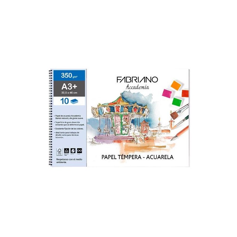 Bloc papel acuarela Fabriano - Espiral - A3+ - 350 g - 10 hojas