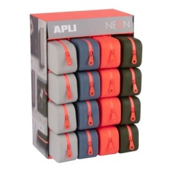 Apli Neon Expositor de 16 Estuches de Silicona Rectangular    Cremallera Repelente al Agua    Medidas 75x185x55mm