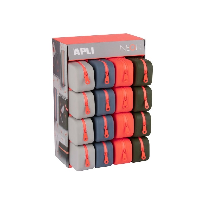 Apli Neon Expositor de 16 Estuches de Silicona Rectangular    Cremallera Repelente al Agua    Medidas 75x185x55mm