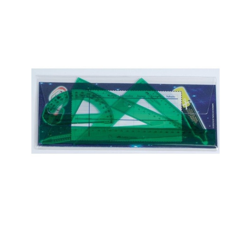 Kit de trazado Faber Castell - Regla, escuadra, cartabón y transportador flexibles - Color verde Kit de trazado Faber Castell - Regla, escuadra, cartabón y transportador flexibles - Color verde