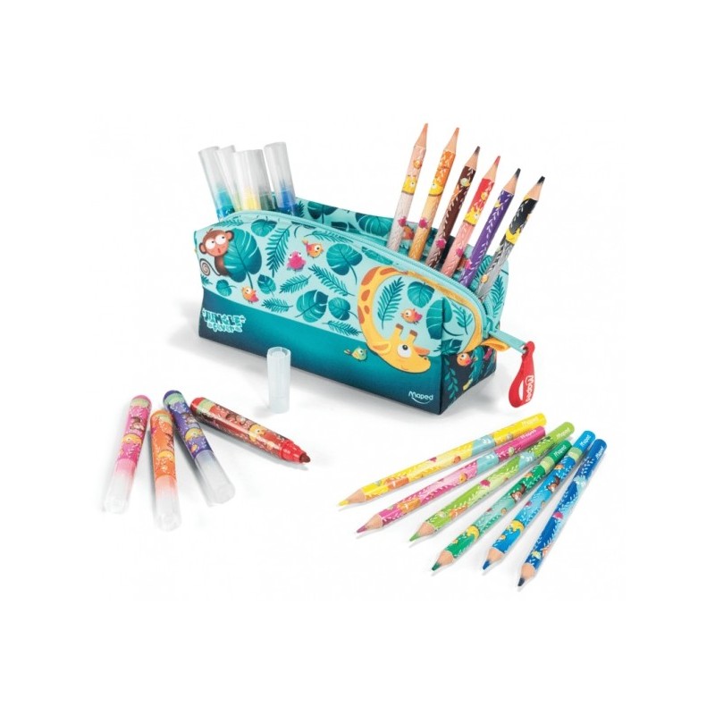 Maped Jungle Fever Bebes Estuche de Tela,12 Lapices Jumbo Jungle Fever(2 años),12 Rotuladores Colores Jumbo Jungle Fever(1 año)