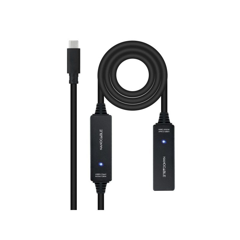 Nanocable Cable Prolongador USB-C 3.2 Macho a USB-C 3.2 Hembra - 10 Metros - Amplificador - Color Negro