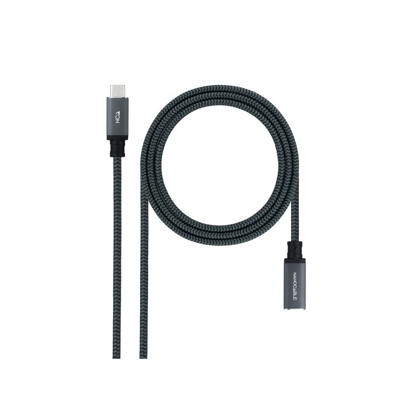 Nanocable Cable Prolongador USB-C 3.2 Macho a USB-C 3.2 Hembra Gen2x2 20Gbp 100W 5A 4K 60Hz  0.5 Metros Mallado Color Negro