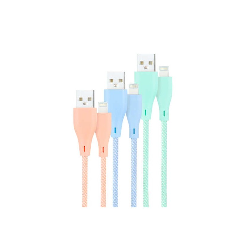 Nanocable Pack de 3 Cables Mallados USB-A Macho a Lightning Macho - Longitud 1m - Colores Pastel Rosa, Verde y Azul
