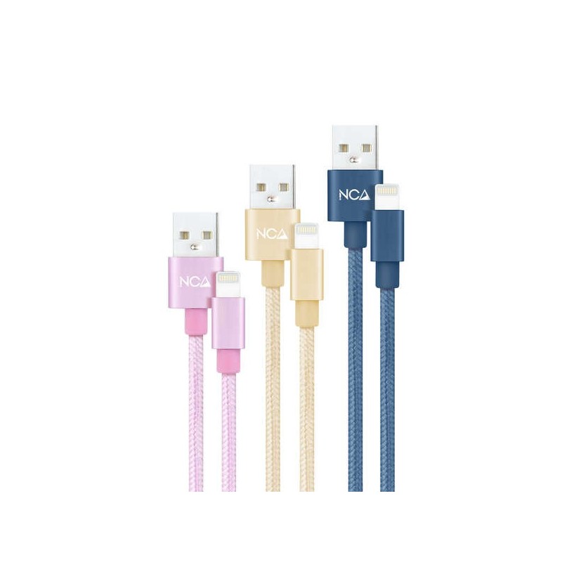 Nanocable Pack de 3 Cables Mallados USB-A Macho a Lightning Macho - Longitud 1m - Colores Rosa, Dorado y Azul