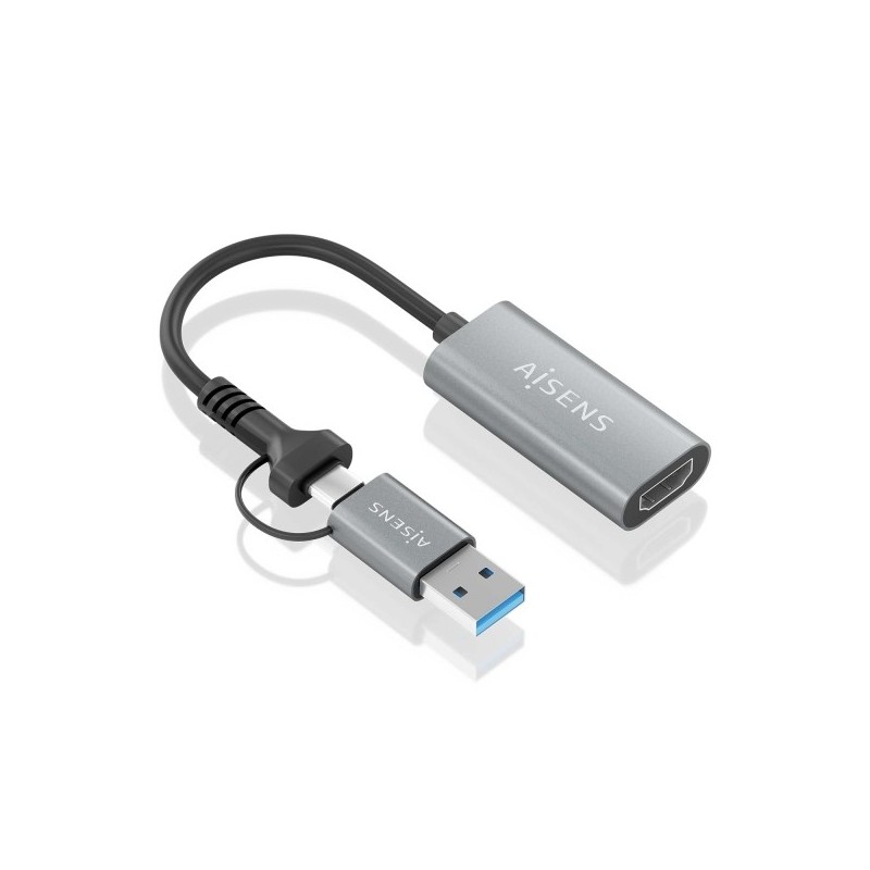 Aisens Conversor Aluminio USB-A+USB-C a HDMI 1080P@60HZ - USB-A/M+USB-C/M-HDMI/H - 15cm - Color Gris
