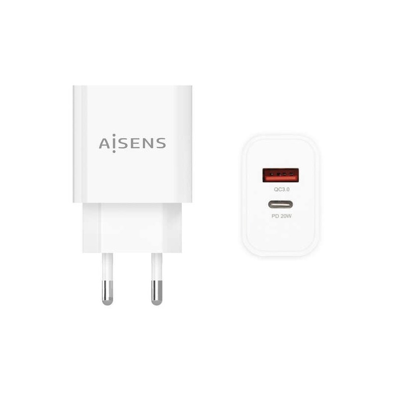 Aisens Cargador 20W - 1xUSB-C PD3.0 - 1xUSB-A QC3.0 - Color Blanco