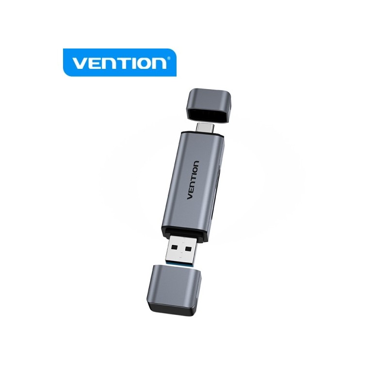 Vention Lector de Tarjetas 2-in-1 USB 3.0 A+C Aluminio Metalizado Soporta SD/TF Capacidad 512GB Lectura Dual Color Gris