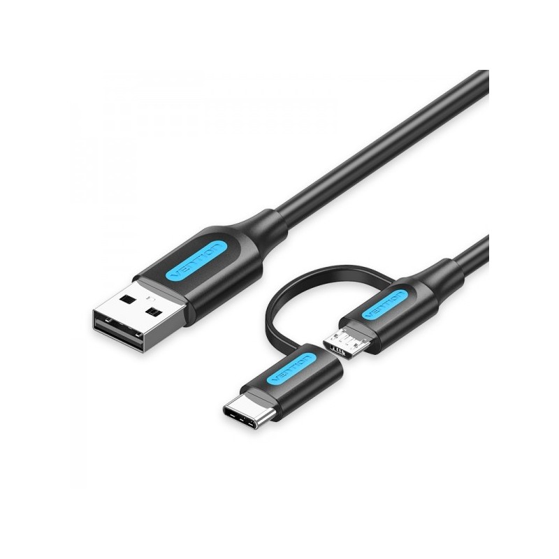 Vention Cable USB 2.0 Macho a MicroUSB+USB-C Macho - 3A - 60W - 480Mbps - 1m - Color Negro