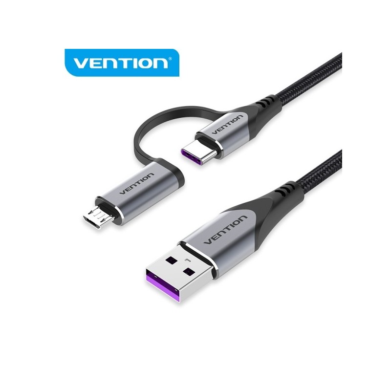 Vention Cable USB-A 2.0 a 2-en-1 USB-C&Micro-B Algodon Trenzado - 5A - Apantallado - 0.48Gbps - Color Gris