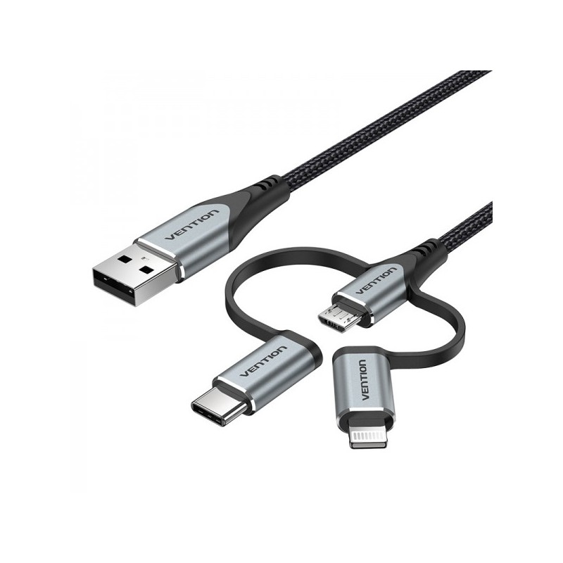 Vention Cable USB-A a USB-C/MicroUSB/Lightning Macho - 1m - Color Gris