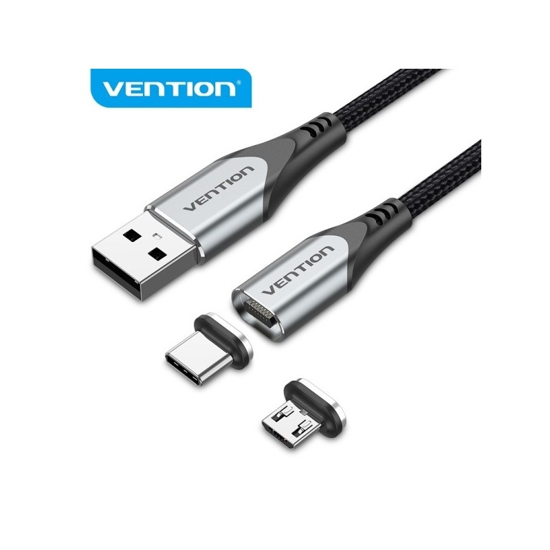 Vention CQMHD Cable USB-A 2.0 a Micro-B y USB-C Magnetico - Conectores Intercambiables - Transferencia 480 Mb/s - Color Gris