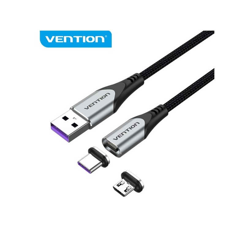 Vention Cable USB-A 2.0 Magnetico Fichas Intercambiables USB-C y Micro USB Carga Rapida 5A Transmision 480Mbps Color Gris