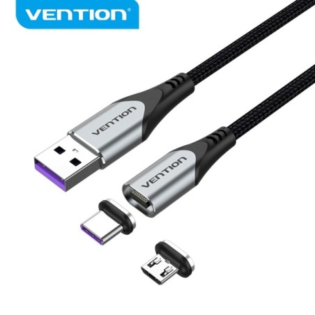 Vention Cable USB-A 2.0 Magnetico Fichas Intercambiables USB-C y Micro USB Carga Rapida 5A Transmision 480Mbps Color Gris