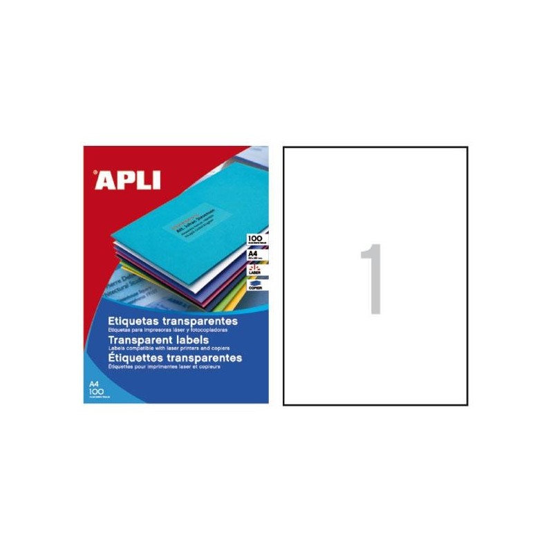 Etiquetas poliéster transparente Apli - Permanentes - 210 x 297 mm - Láser, fotocopiadora - Pack 20 etiquetas