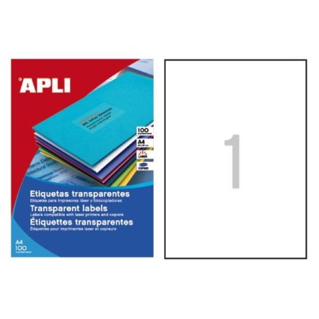 Etiquetas poliéster transparente Apli - Permanentes - 210 x 297 mm - Láser, fotocopiadora - Pack 20 etiquetas