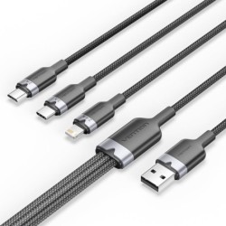 Vention Cable USB-A 2.0 a USB-C, Lightning, Micro-B 3A - 1.5m - Trenzado - Color Negro