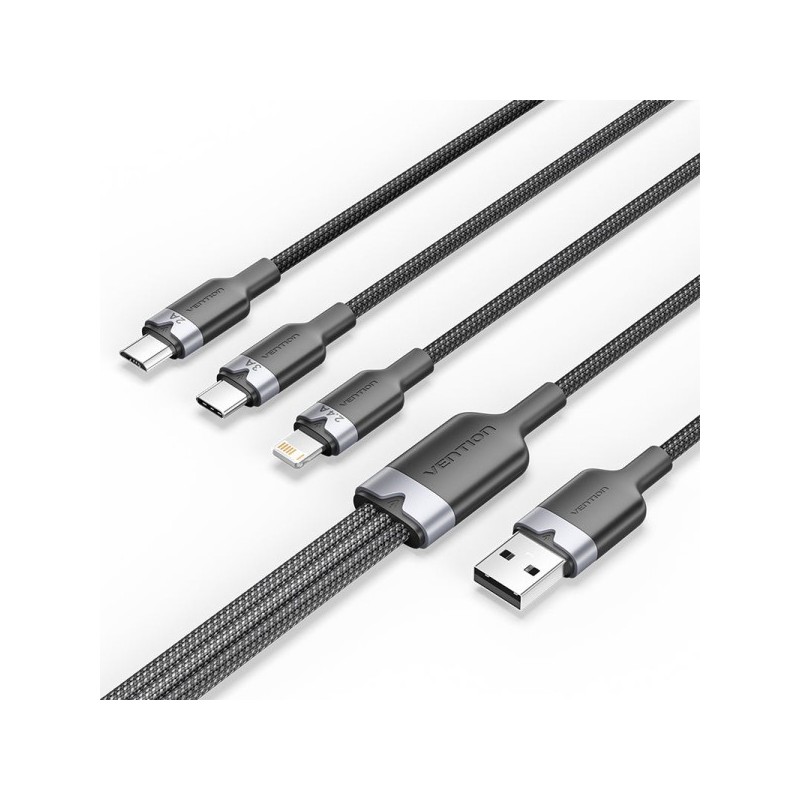 Vention Cable USB-A 2.0 a USB-C, Lightning, Micro-B 3A - 1.5m - Trenzado - Color Negro