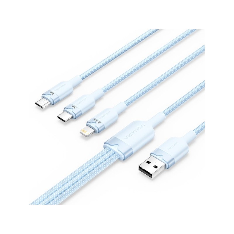 Vention Cable USB-A 2.0 a USB-C, Lightning, Micro-B 3A - 1.5m - Trenzado - Color Azul