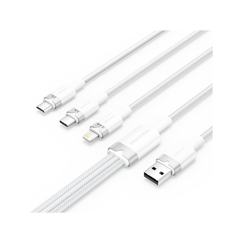 Vention Cable USB-A 2.0 a USB-C, Lightning, Micro-B 3A - 1.5m - Trenzado - Color Blanco