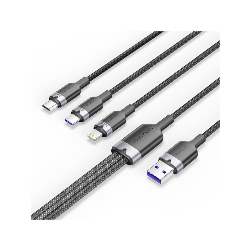 Vention Cable USB-A 2.0 a USB-C, Lightning, Micro-B 6A - 1.5m - Trenzado - Color Negro