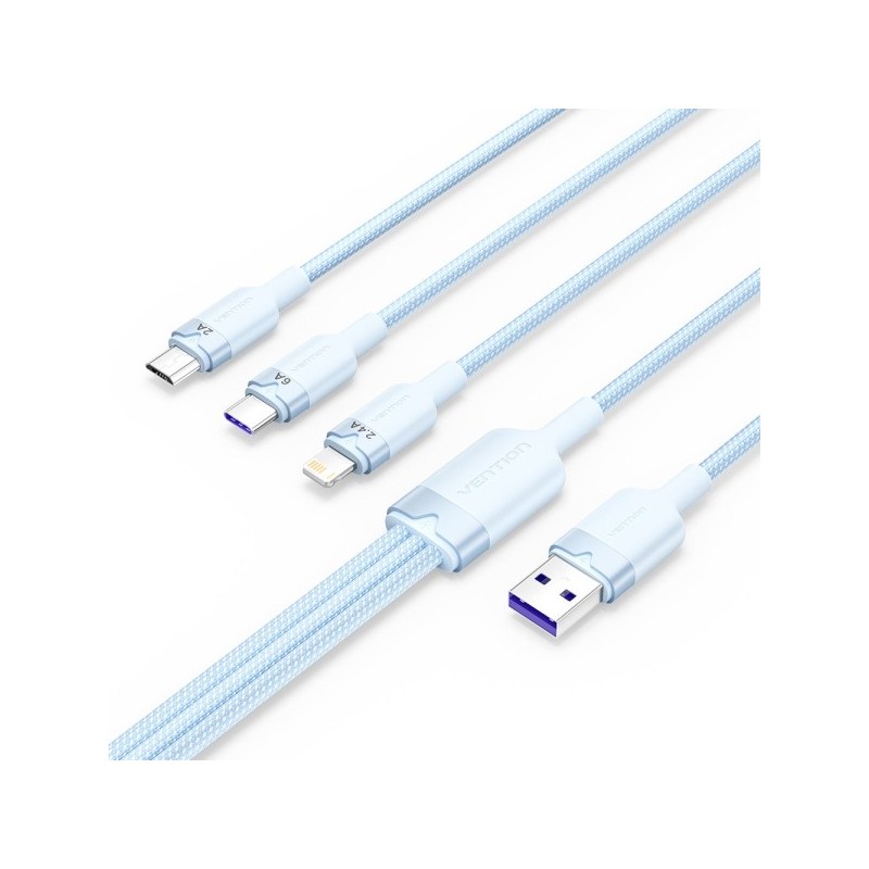 Vention Cable USB-A 2.0 a USB-C, Lightning, Micro-B 6A - 1.5m - Trenzado - Color Azul