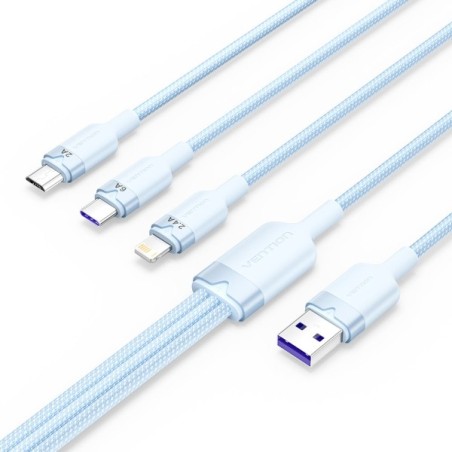 Vention Cable USB-A 2.0 a USB-C, Lightning, Micro-B 6A - 1.5m - Trenzado - Color Azul