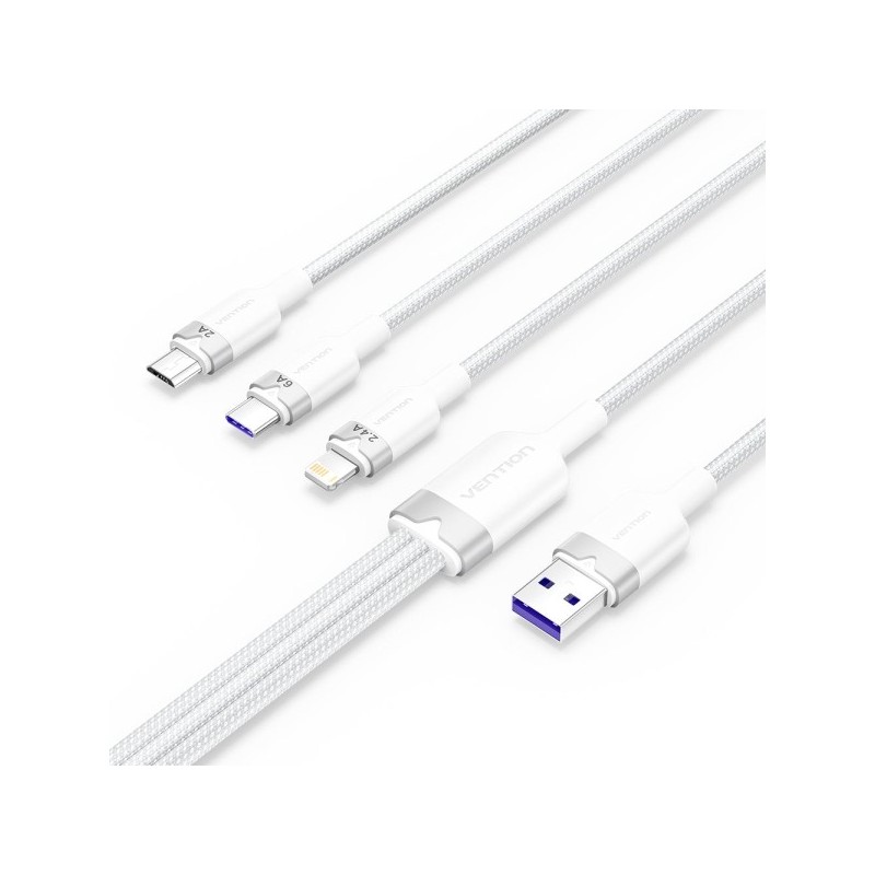 Vention Cable USB-A 2.0 a USB-C, Lightning, Micro-B 6A - 1.5m - Trenzado - Color Blanco