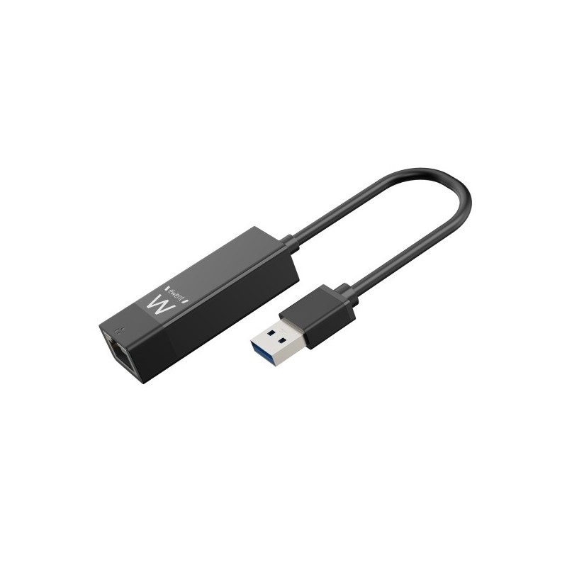 Ewent Conversor Adaptador de Red RJ45 a USB-A - Gigabit 10/100/1000Mbps - Cable de 15cm - Soporta WOL - Color Negro