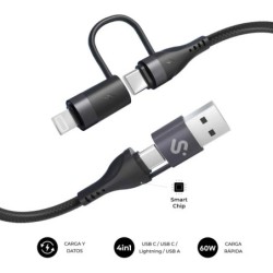 Subblim Cable Top 4 en 1 - USB-A USB-C Lightning - 60W - Nylon Trenzado - Carga Rapida - 1 Metro