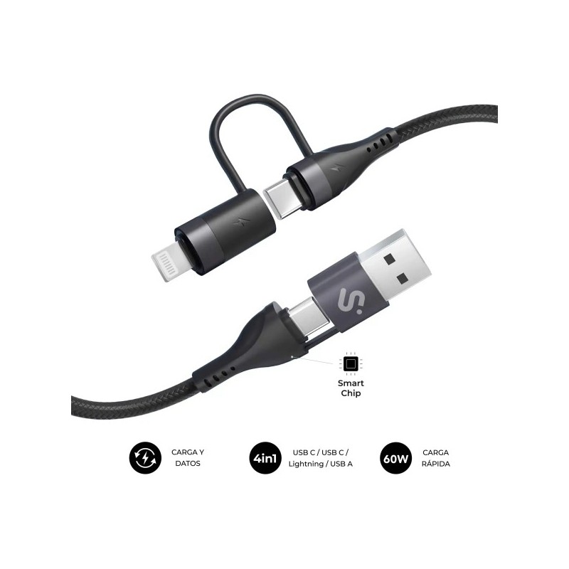Subblim Cable Top 4 en 1 - USB-A USB-C Lightning - 60W - Nylon Trenzado - Carga Rapida - 1 Metro