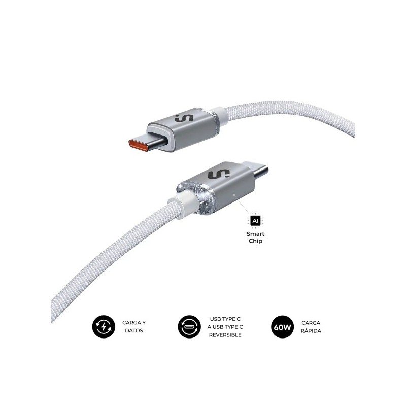 Subblim Cable Optimus USB-C - 60W - Nylon Trenzado - 480Mbps - 1 Metro - Color Blanco
