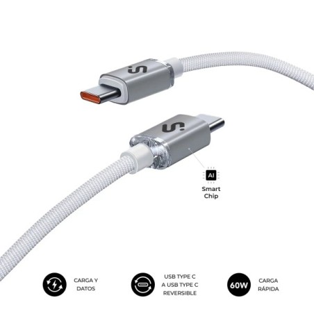 Subblim Cable Optimus USB-C - 60W - Nylon Trenzado - 480Mbps - 1 Metro - Color Blanco