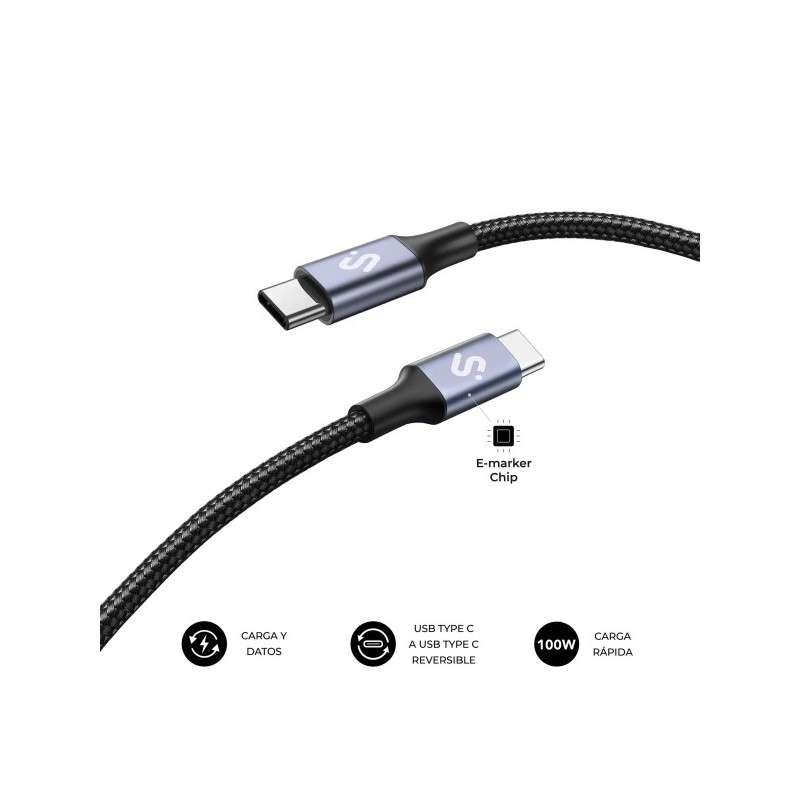 Subblim Cable Plus USB-C - 100W - Nylon Trenzado - 480Mbps - Chip E-Marker - 1 Metro - Color Negro