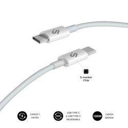 Subblim Cable Plus USB-C - 100W - Nylon Trenzado - 480Mbps - Chip E-Marker - 1 Metro - Color Blanco