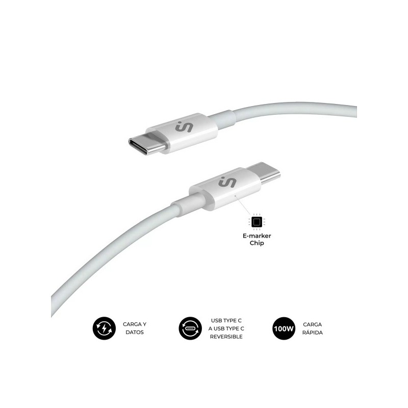 Subblim Cable Plus USB-C - 100W - Nylon Trenzado - 480Mbps - Chip E-Marker - 2 Metros - Color Blanco
