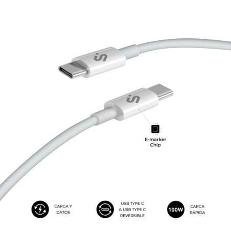 Subblim Cable Plus USB-C - 100W - Nylon Trenzado - 480Mbps - Chip E-Marker - 2 Metros - Color Blanco