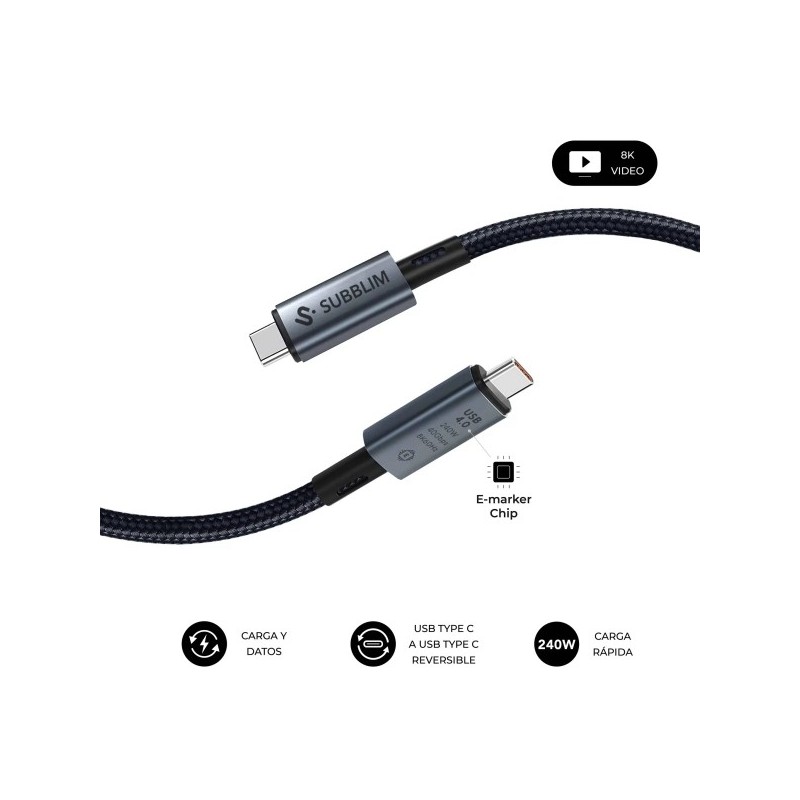 Subblim Cable High USB-C - 240W - Nylon Trenzado - 40Gbps - Chip E-Marker - 1.5 Metros - Color Negro
