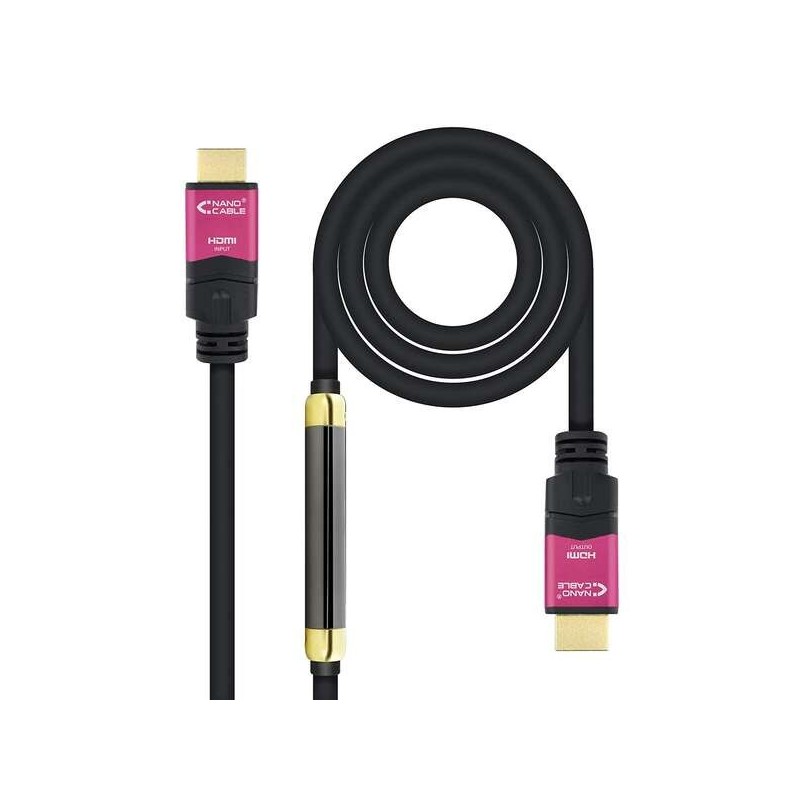 Nanocable Cable HDMI v2.0 Macho con Repetidor a HDMI v2.0 Macho 20m - 4K@60Hz 18Gbps - Alta Velocidad - Color Negro/Rosa