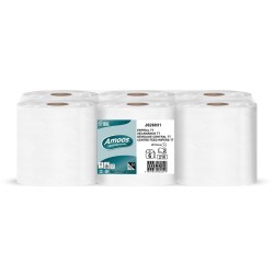 PAPEL SECAMANOS AMOOS INDUSTRIAL 2 CAPAS 32G/M2 CELULOSA BLANCO 60 MT PAQUETE DE 6 BOBINAS