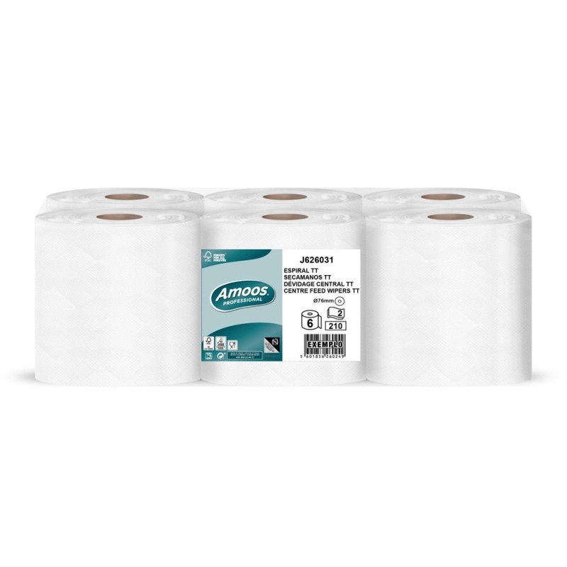 PAPEL SECAMANOS AMOOS INDUSTRIAL 2 CAPAS 32G/M2 CELULOSA BLANCO 60 MT PAQUETE DE 6 BOBINAS