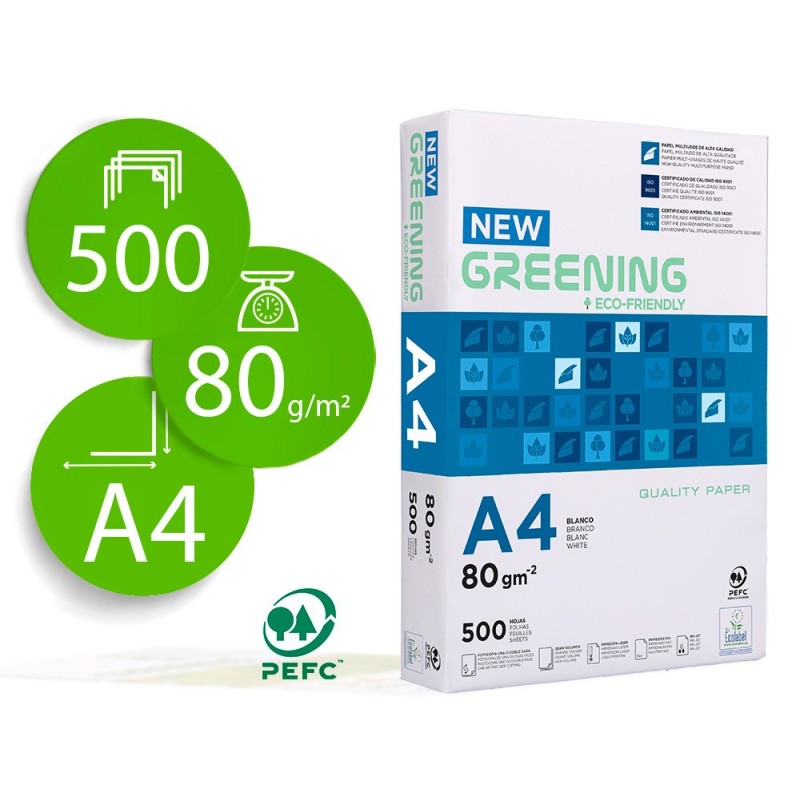 PAPEL FOTOCOPIADORA GREENING DIN A4 80 GRAMOS PAQUETE DE 500 HOJAS