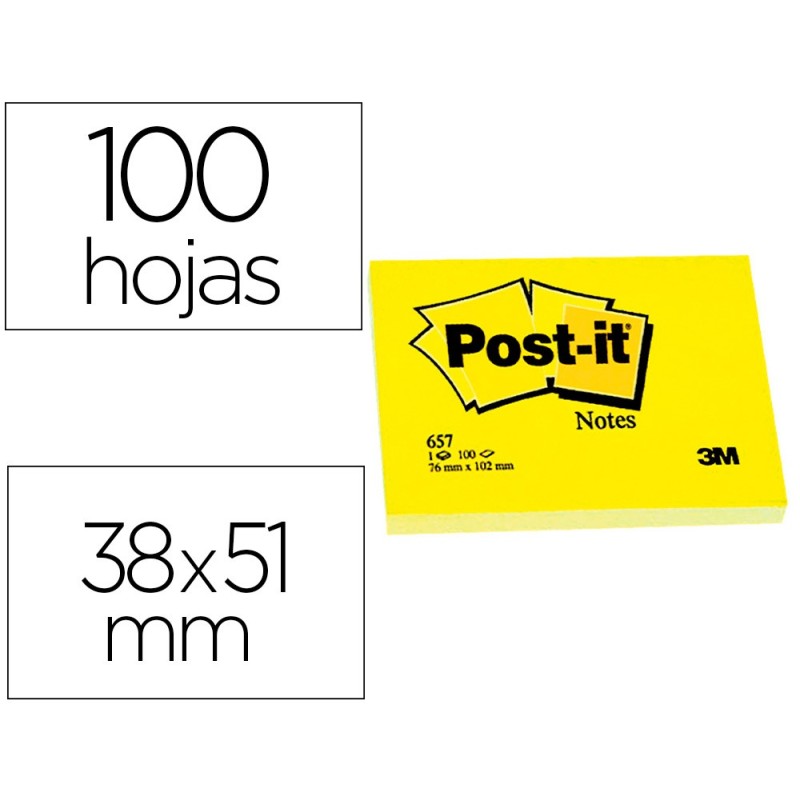 BLOC DE NOTAS ADHESIVAS QUITA Y PON POST-IT 38X51 MM CON 100HOJAS 653E (PACK INDIVISIBLE 12 UDS)