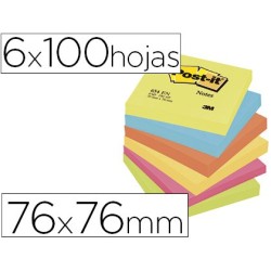 BLOC DE NOTAS ADHESIVAS QUITA Y PON POST-IT 76X76 MM NEON PACK DE 6 BLOCS SURTIDO