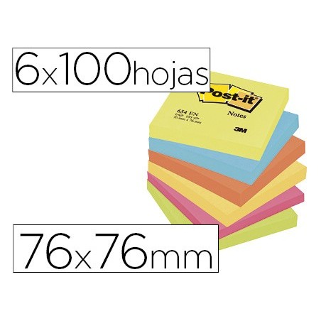 BLOC DE NOTAS ADHESIVAS QUITA Y PON POST-IT 76X76 MM NEON PACK DE 6 BLOCS SURTIDO