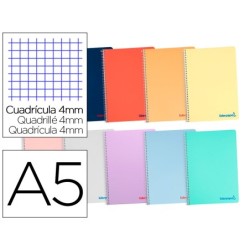 CUADERNO ESPIRAL LIDERPAPEL A5 WONDER TAPA PLASTICO 80H 90G CUADRO 4MM CON MARGEN COLORES SURTIDOS