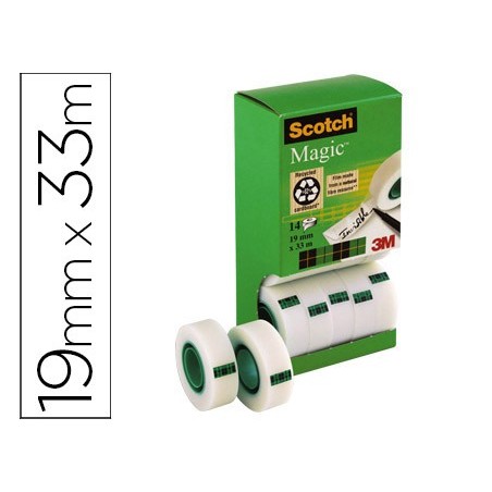 CINTA ADHESIVA SCOTCH MAGIC 33 MT X 19 MM PACK DE 14 ROLLOS CON DISPENSADOR DE CARTON