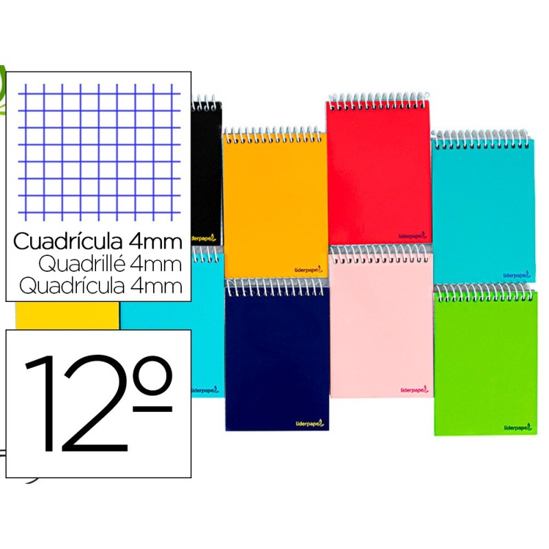 CUADERNO ESPIRAL LIDERPAPEL BOLSILLO DOCEAVO APAISADO SMART TAPA BLANDA 80H 60GR CUADRO 4MM COLORES SURTIDOS
