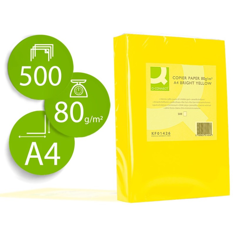 PAPEL COLOR Q-CONNECT DIN A4 80GR AMARILLO INTENSO PAQUETE DE 500 HOJAS